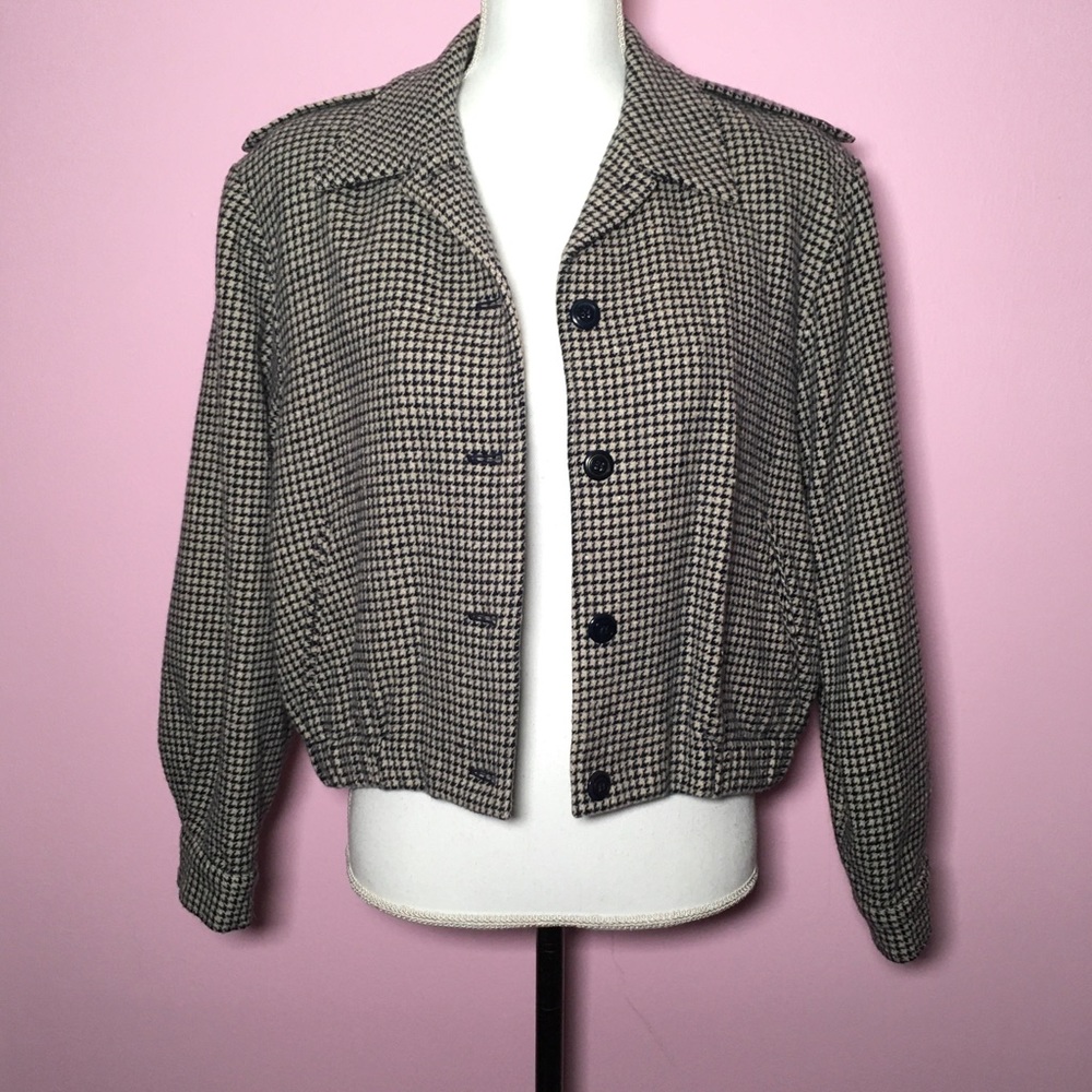 Vintage Miss Pendleton Navy Cream Houndstooth Wool Cropped Jacket